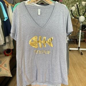 Gray V-Neck T-Shirt with Gold Fish Design